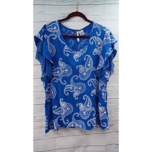 Forgotten Grace Top Blouse 2XL Blue White Paisley Ruffle Embroidered